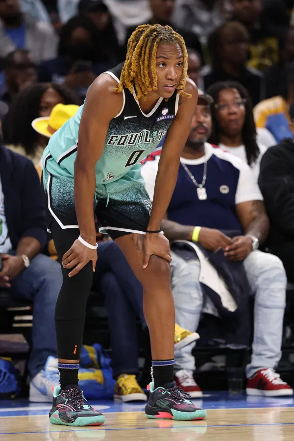 CHICAGO, ILLINOIS - MAY 22: Jaylyn Sherrod #0 of the New York Liberty looks on against the Chicago Sky during the second half at Wintrust Arena on May 22, 2025 in Chicago, Illinois. 