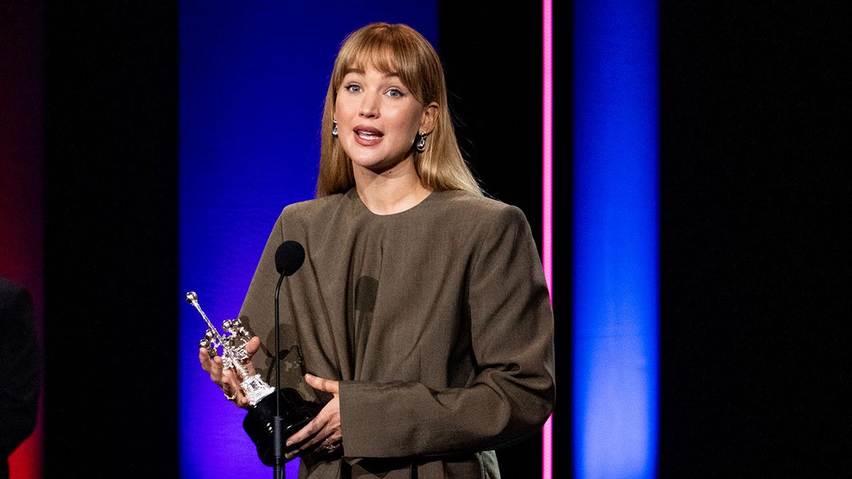 Jennifer Lawrence speaking at an awards show