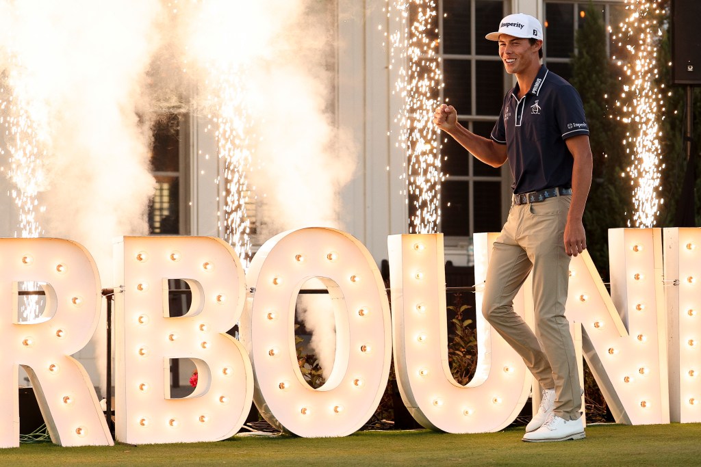 FRENCH LICK, INDIANA - OCTOBER 12: Johnny Keefer of the United States is introduced during the TOUR Bound ceremony after the final round of the Korn Ferry Tour Championship presented by United Leasing & Finance 2025 at French Lick Golf Resort on October 12, 2025 in French Lick, Indiana.