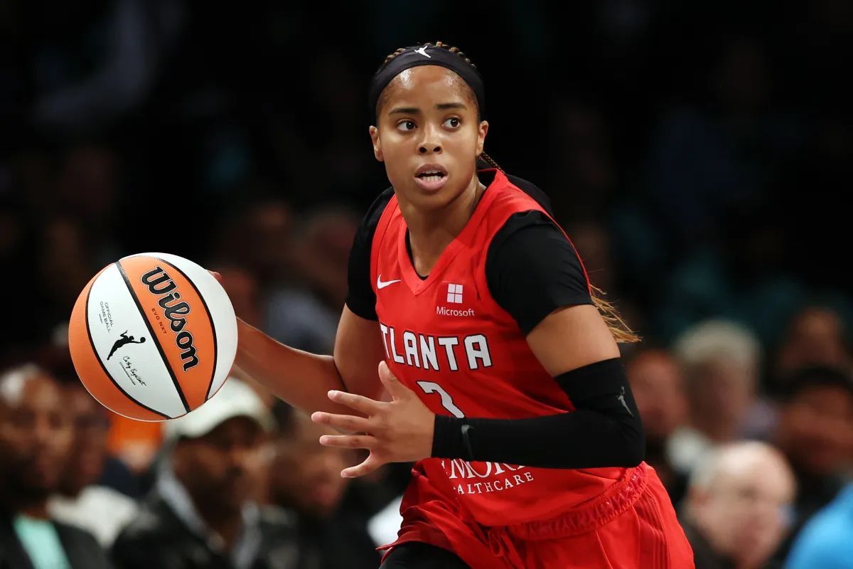 NEW YORK, NEW YORK - SEPTEMBER 24: Jordin Canada #3 of the Atlanta Dream dribbles during the second half against the New York Liberty in Game Two of Round One of the WNBA Playoffs at Barclays Center on September 24, 2024 in the Brooklyn borough of New York City. The Liberty won 91-82. Photo by Sarah Stier/Getty Images)