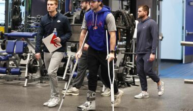 Josh Allen Limps into Press Conference on Crutches as He Reveals He Had Surgery