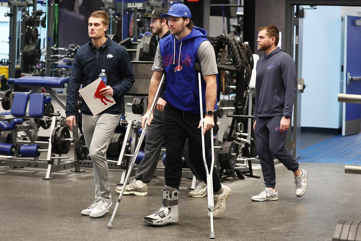Josh Allen Limps into Press Conference on Crutches as He Reveals He Had Surgery