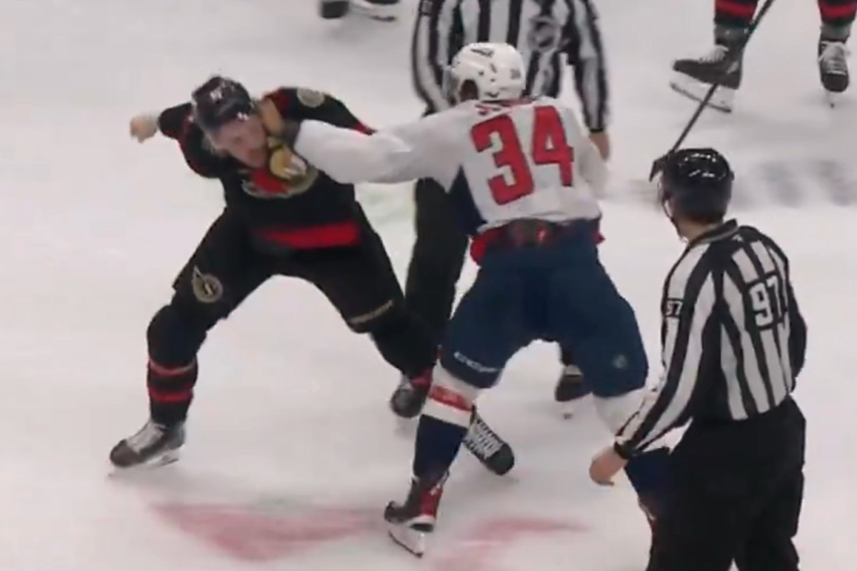 Justin Sourdif throws massive hit on Thomas Chabot and drops the gloves for first NHL fight with Drake Batherson