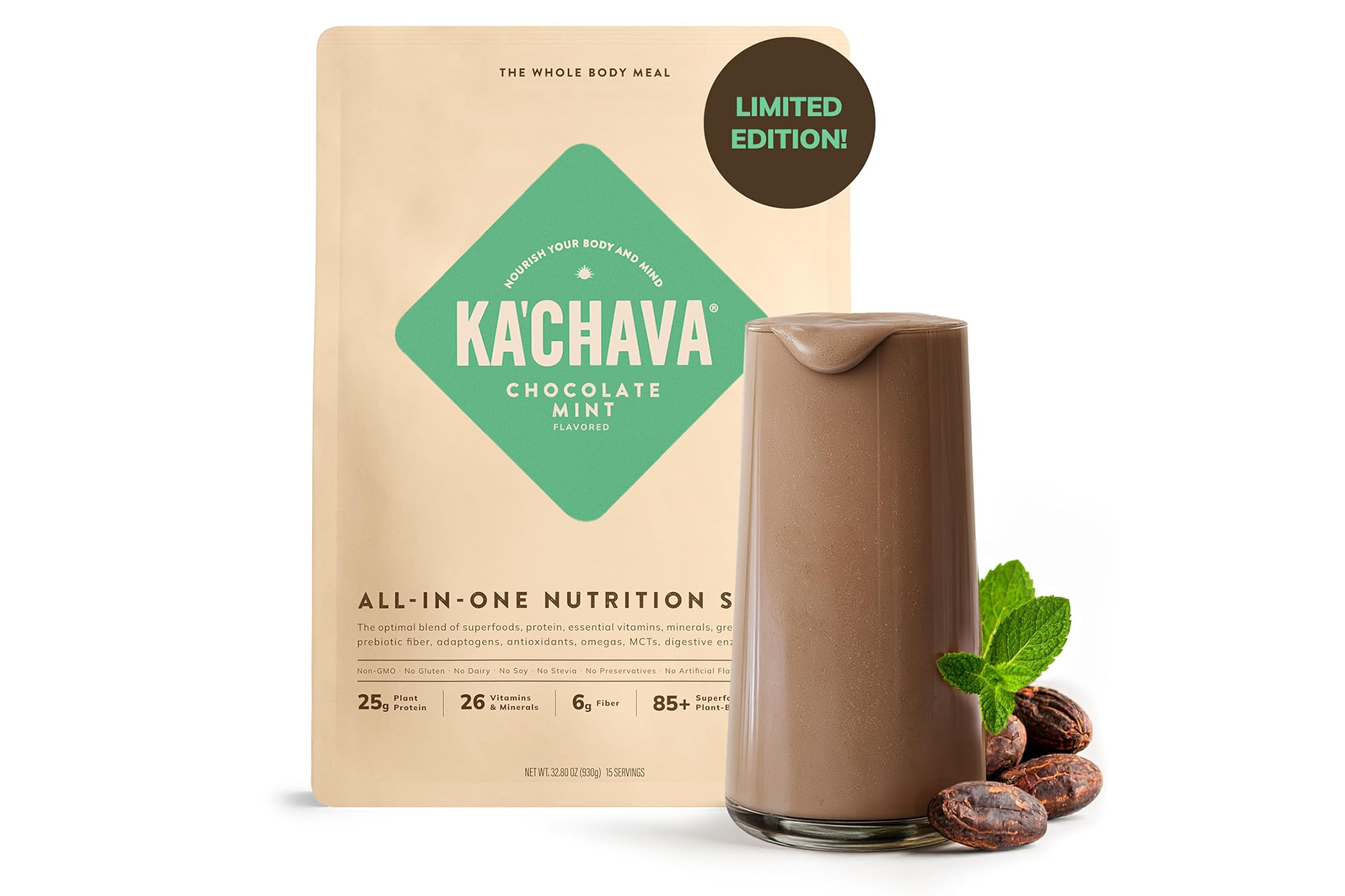 Kachava Chocolate Mint All-In-One Nutrition Shake packaging with a glass of the shake, mint leaves, and cocoa beans.