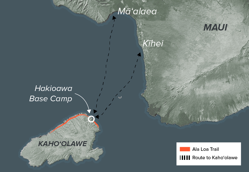 Map of Kahoʻolawe showing the where the Ala Loa trail has been completed on the north-eastern part of the island.