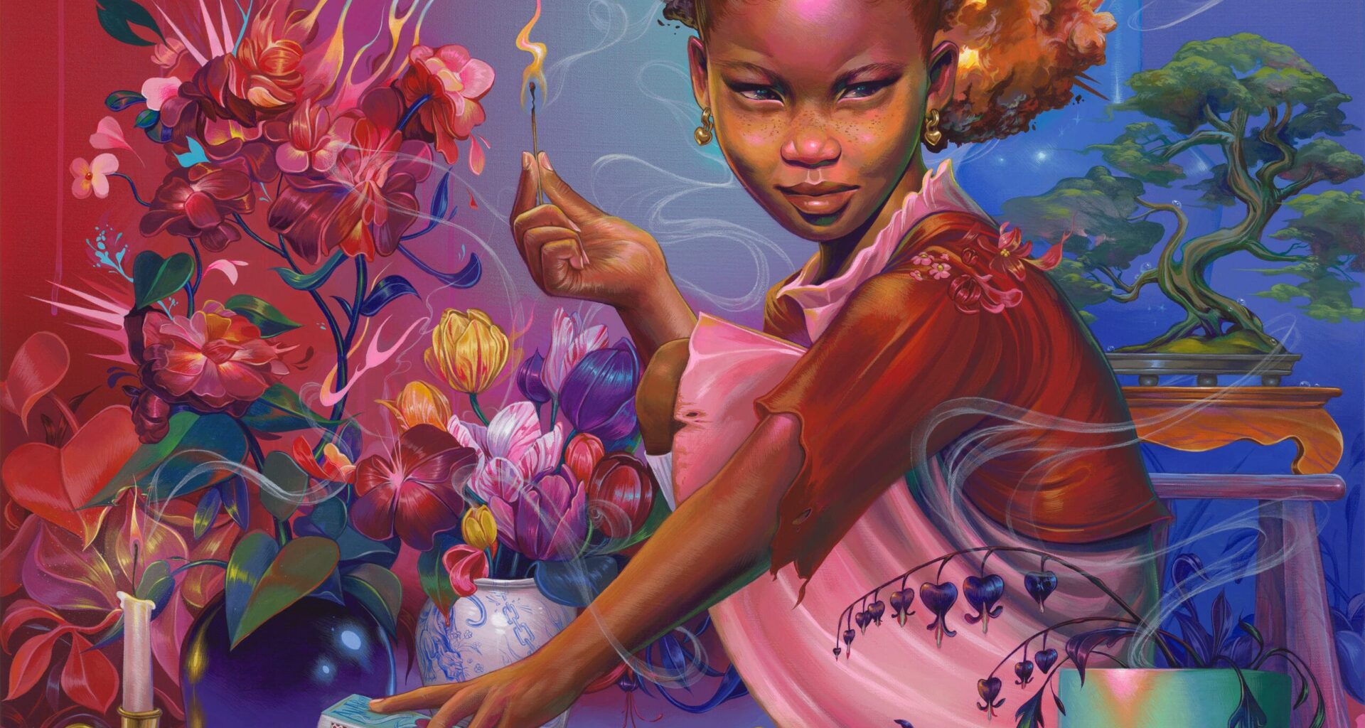 a painting by kayla mahaffey of a young girl lighting a match. flowers and lightning bolts surround her