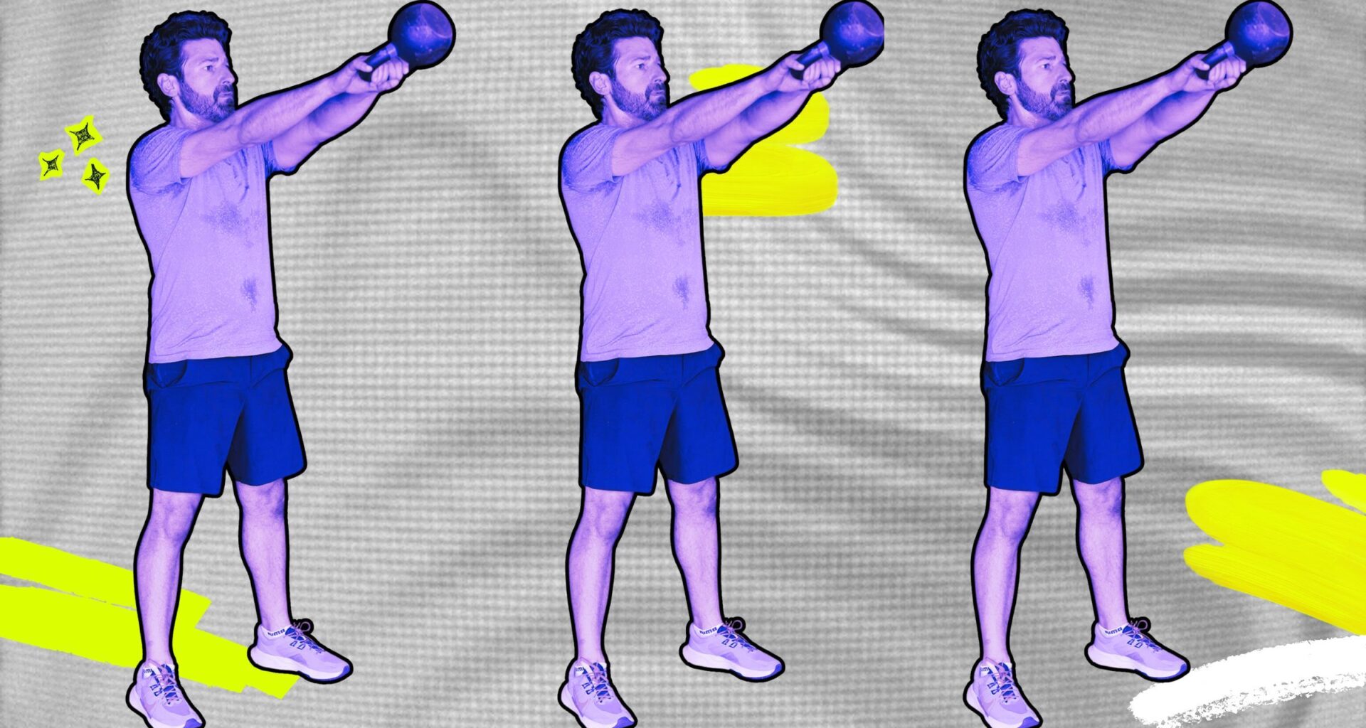 triple image with a purple overlay of a man doing a kettlebell swing as part of the best longevity workout plan