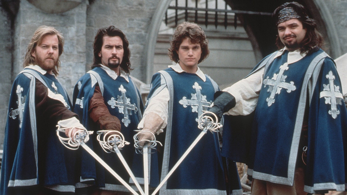 Kiefer Sutherland, Charlie Sheen, Chris O'Donnell and Oliver Platt in a screengrab from "The Three Musketeers."