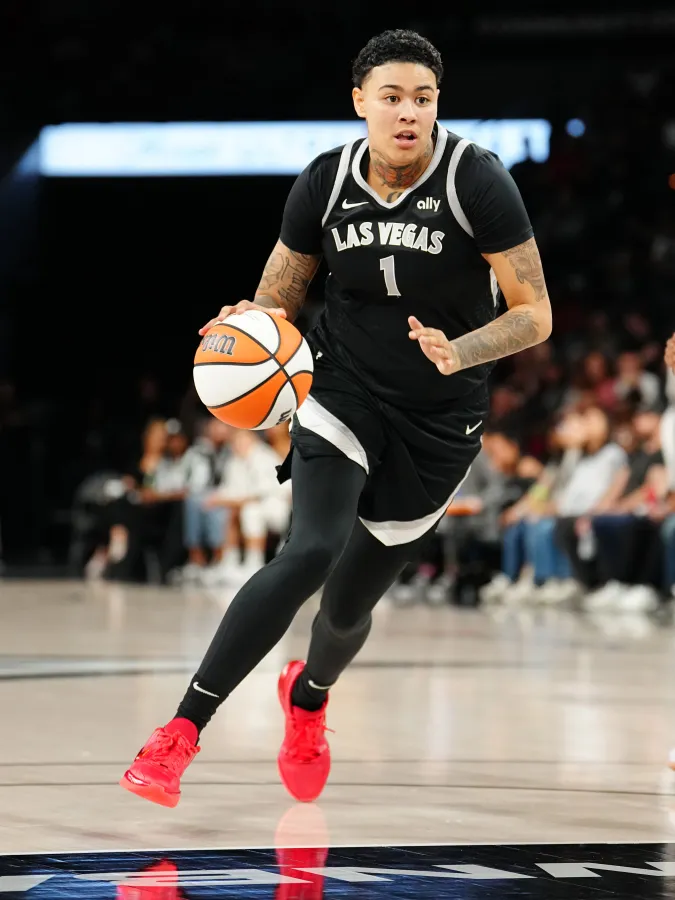 LAS VEGAS, NEVADA - SEPTEMBER 19: Kierstan Bell #1 of the Las Vegas Aces drives against the Dallas Wings in the second quarter at Michelob ULTRA Arena on September 19, 2024 in Las Vegas, Nevada