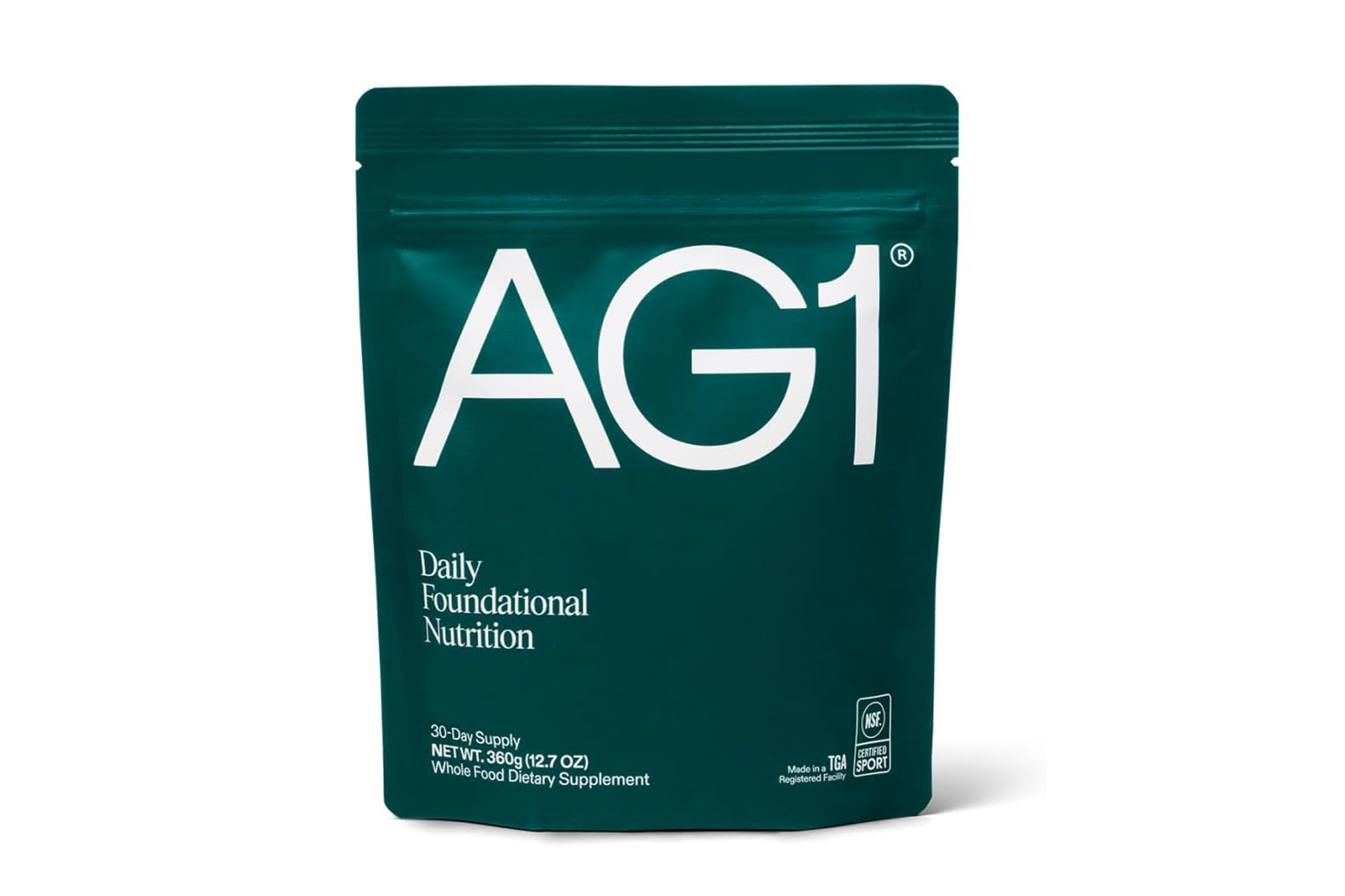 A green pouch of AG1 Daily Foundational Nutrition, 30-Day Supply, 360g.