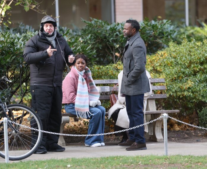 Sean Patrick Thomas is seen filming at the "Law and Order: Special Victims Unit" set in Chelsea, Manhattan on December 10, 2025 in New York City