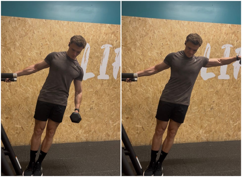 individual performing a fitness exercise with weights in a gym setting