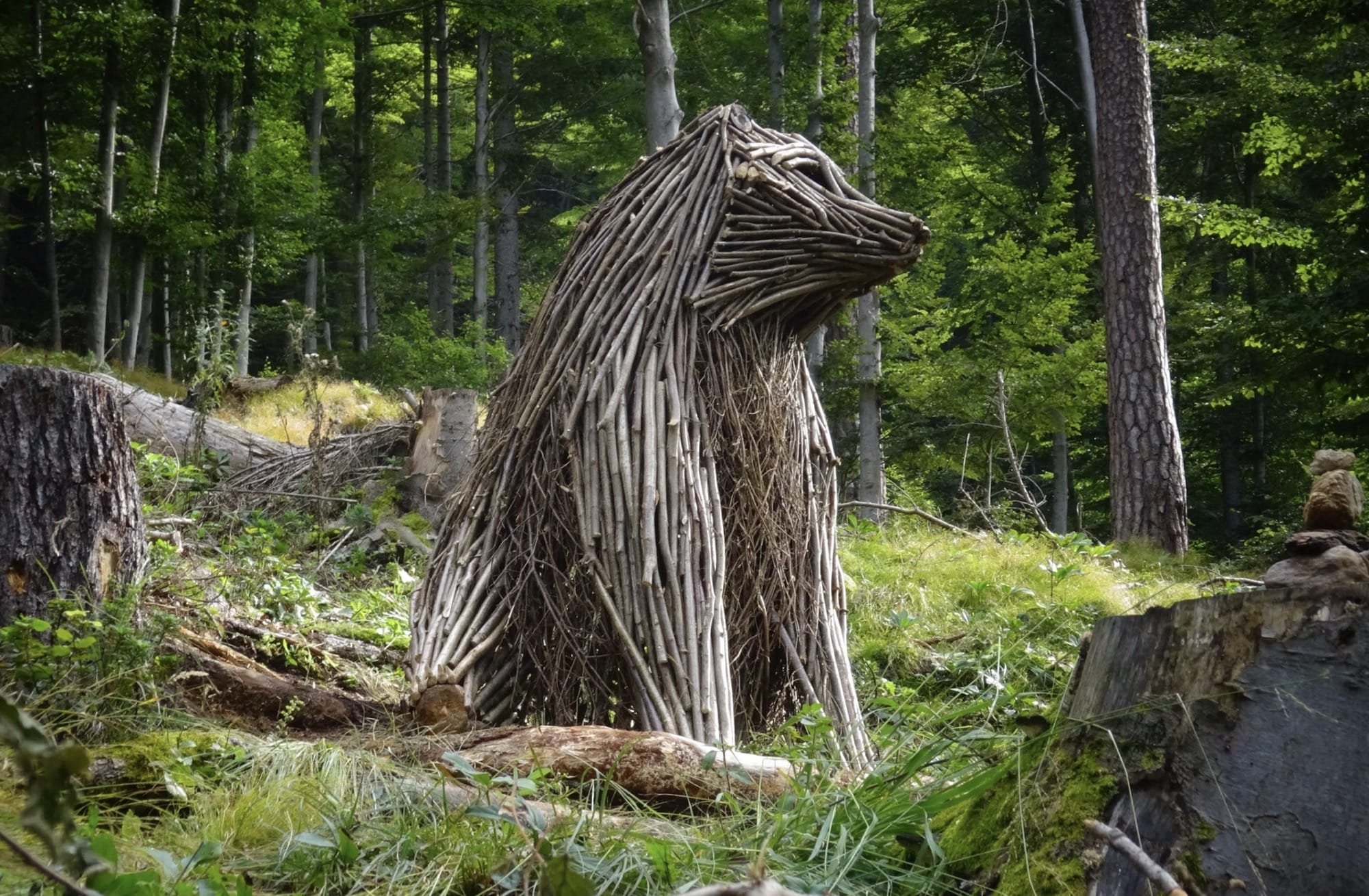 A sculpture of young bear made from branches and twigs by Rodolfo Liprandi