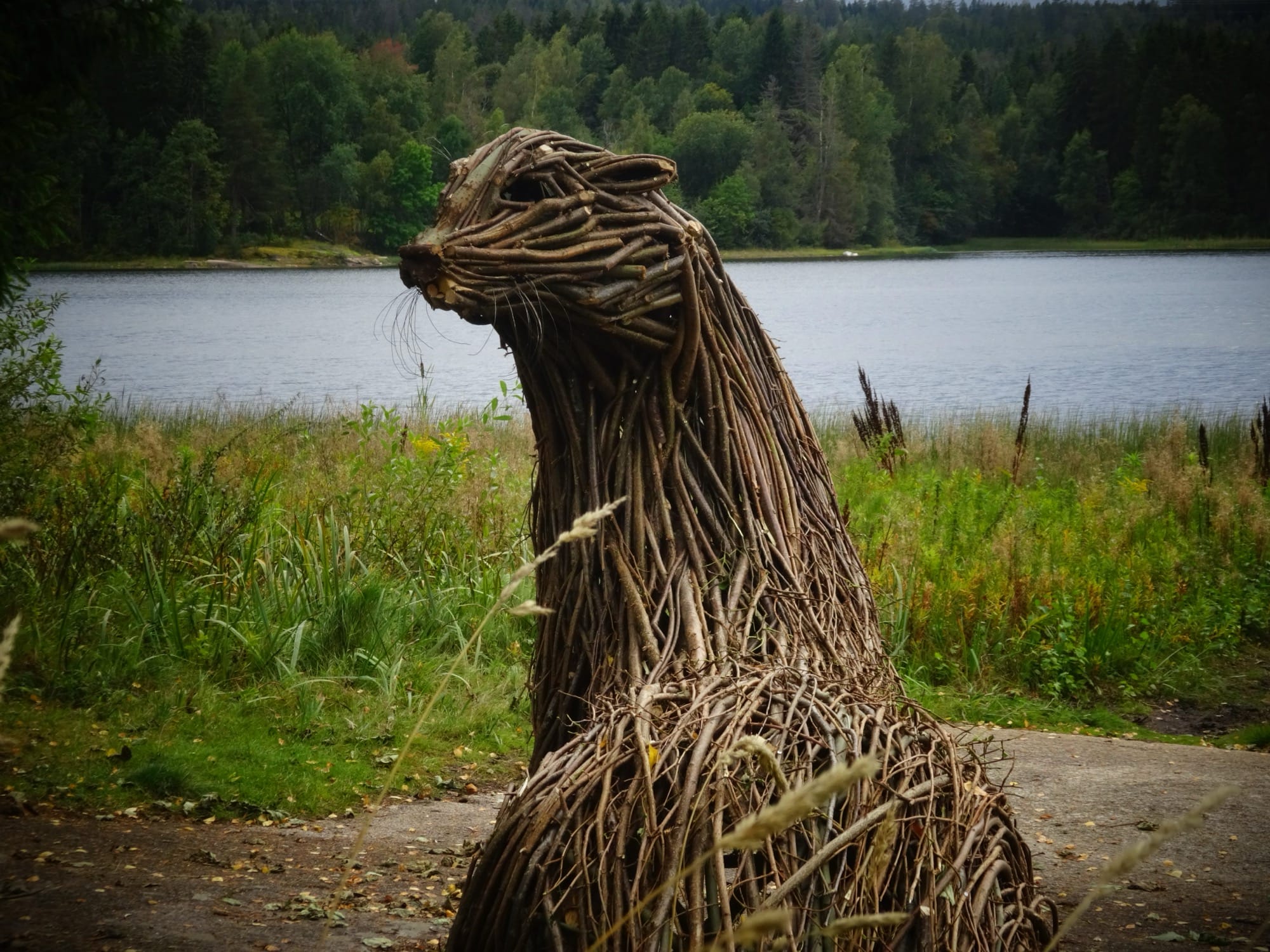 A sculpture of an otter made from branches and twigs by Rodolfo Liprandi