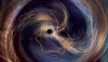 Artist illustration of a black hole merger emitting gravitational waves, shown as swirling light around a dark central horizon.