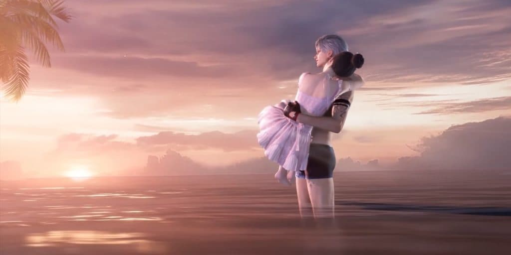 A rendering of a player character and a Love and Deepspace male lead.