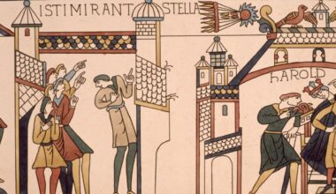 Photo of the portion of the Bayeux Tapestry depicting people pointing up at a flaming comet.
