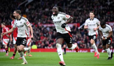 MANCHESTER, ENGLAND - MARCH 02: Calvin Bassey of Fulham celebrates scoring his team