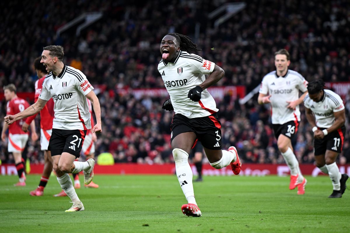 MANCHESTER, ENGLAND - MARCH 02: Calvin Bassey of Fulham celebrates scoring his team