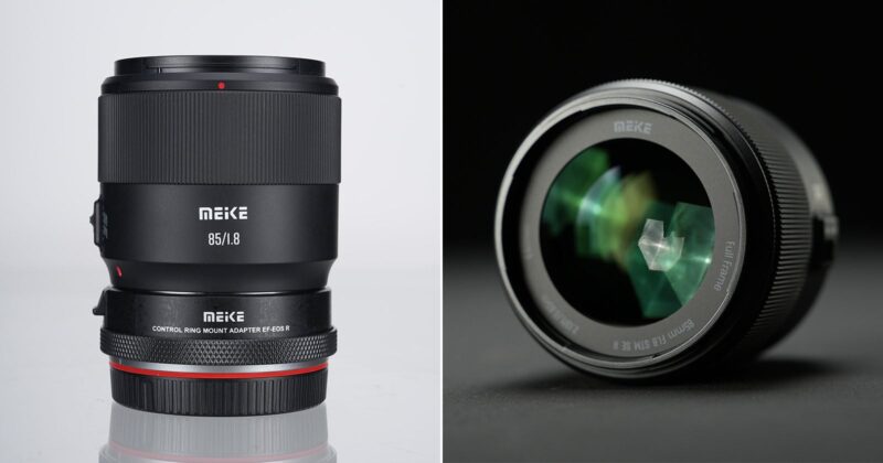Side-by-side images of a Meike 85mm f/1.8 camera lens: on the left, the lens stands upright with branding visible; on the right, the lens lies on its side showing the front glass element.