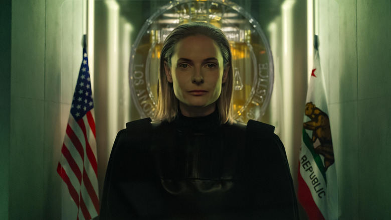 Rebecca Ferguson as Judge Maddox seated in a virtual courtroom in Mercy