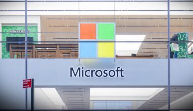 A Microsoft store entrance with the company's logo on top in midtown Manhattan