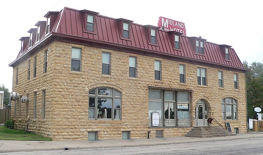 Exterior of the Midland Railroad Hotel in Wilson, Kansas.