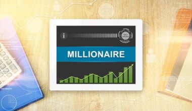 Word 'millionaire' displayed in the center of a tablet on a desk next to a calculator and file folders
