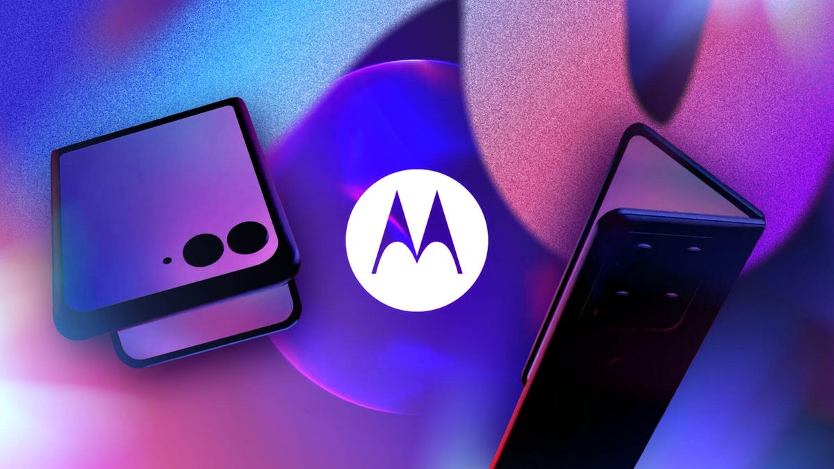 A flip-style foldable phone and a book-style foldable, plus the Motorola logo