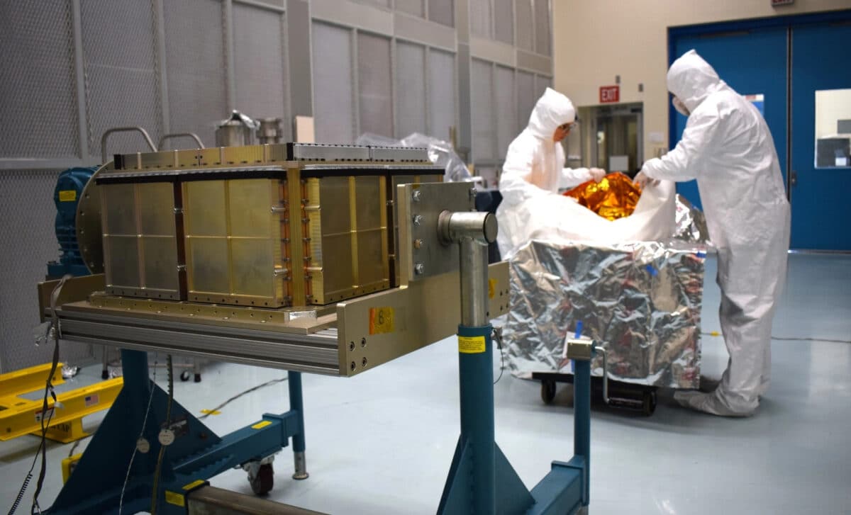 Nasa Marshall Test Engineers Fit Test The Multi Layer Insulation Blanket In Early August At Marshall’s Stray Light Facility. The Thermal Blanket Will Insulate The Crystal Detector Units