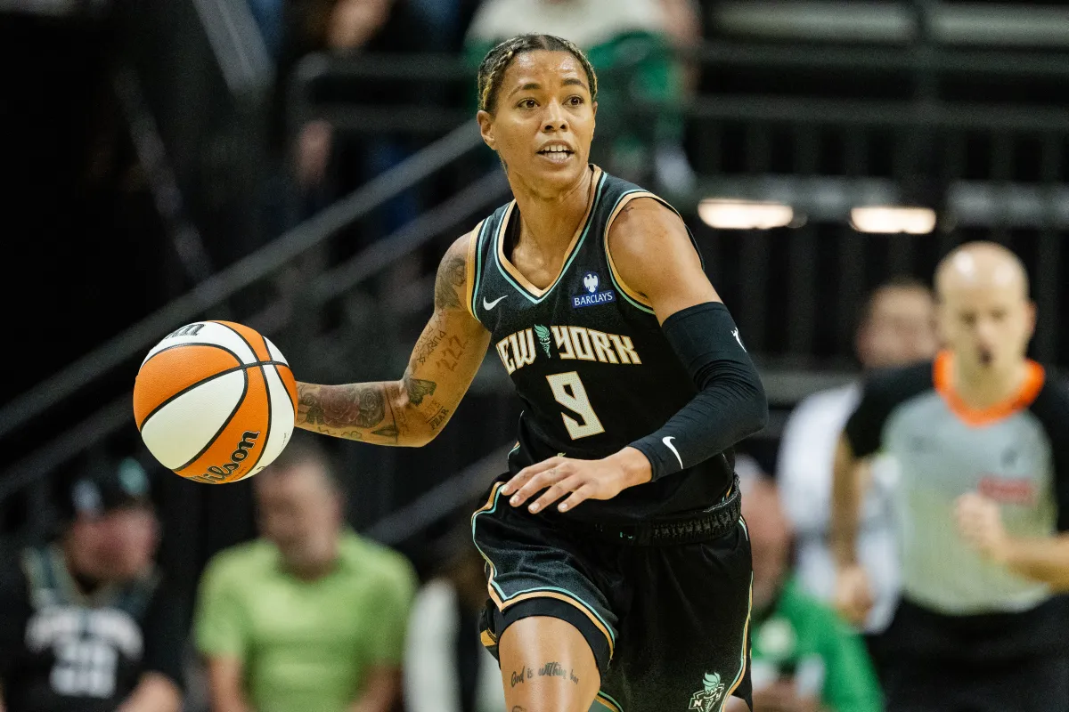 EUGENE, OREGON - MAY 12:  Natasha Cloud #9 of the New York Liberty looks to pass the ball during the first half of the WNBA preseason game against the Toyota Antelopes at Matthew Knight Arena on May 12, 2025 in Eugene, Oregon. 