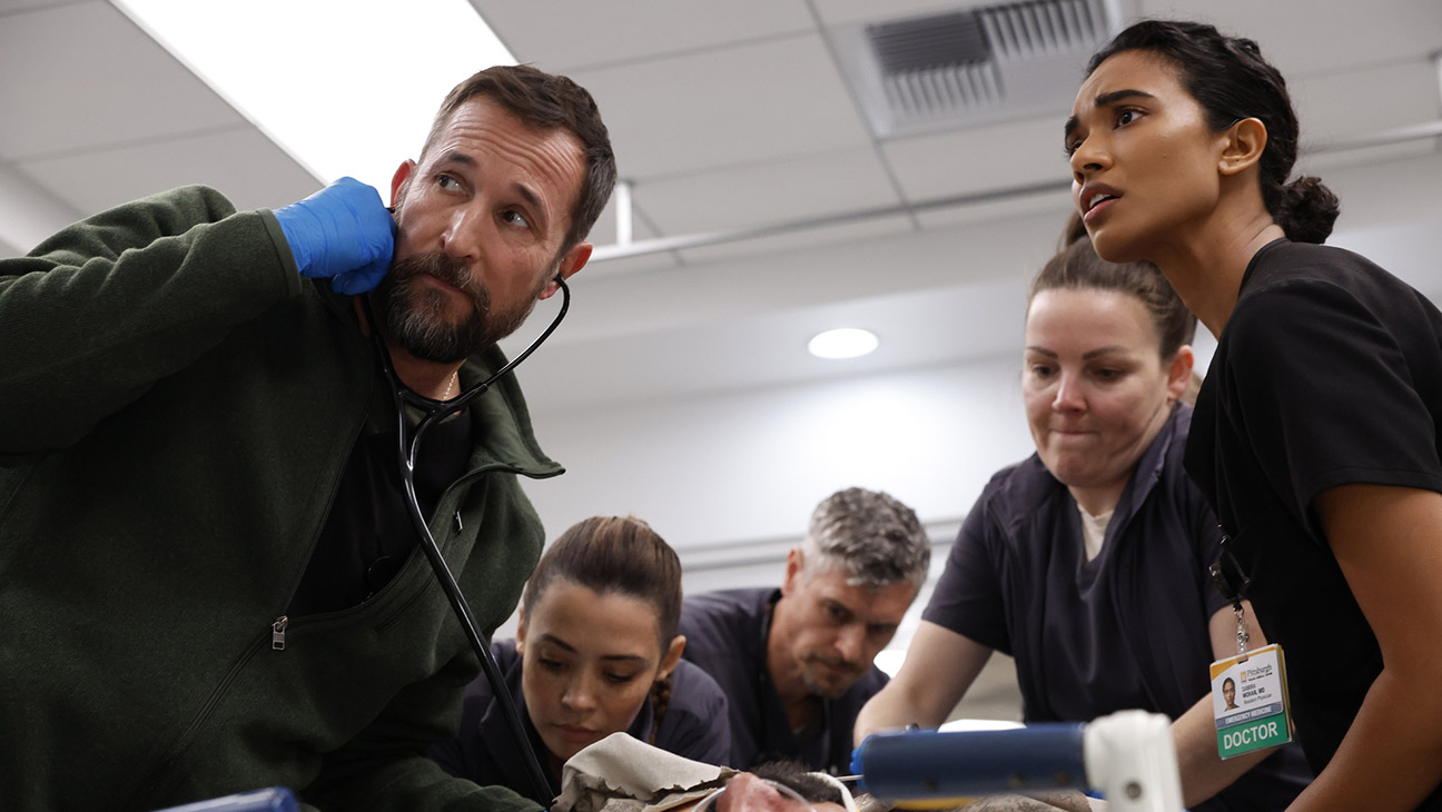 Noah Wyle, Supriya Ganesh and more of the 'Pitt' crew, treating patients.