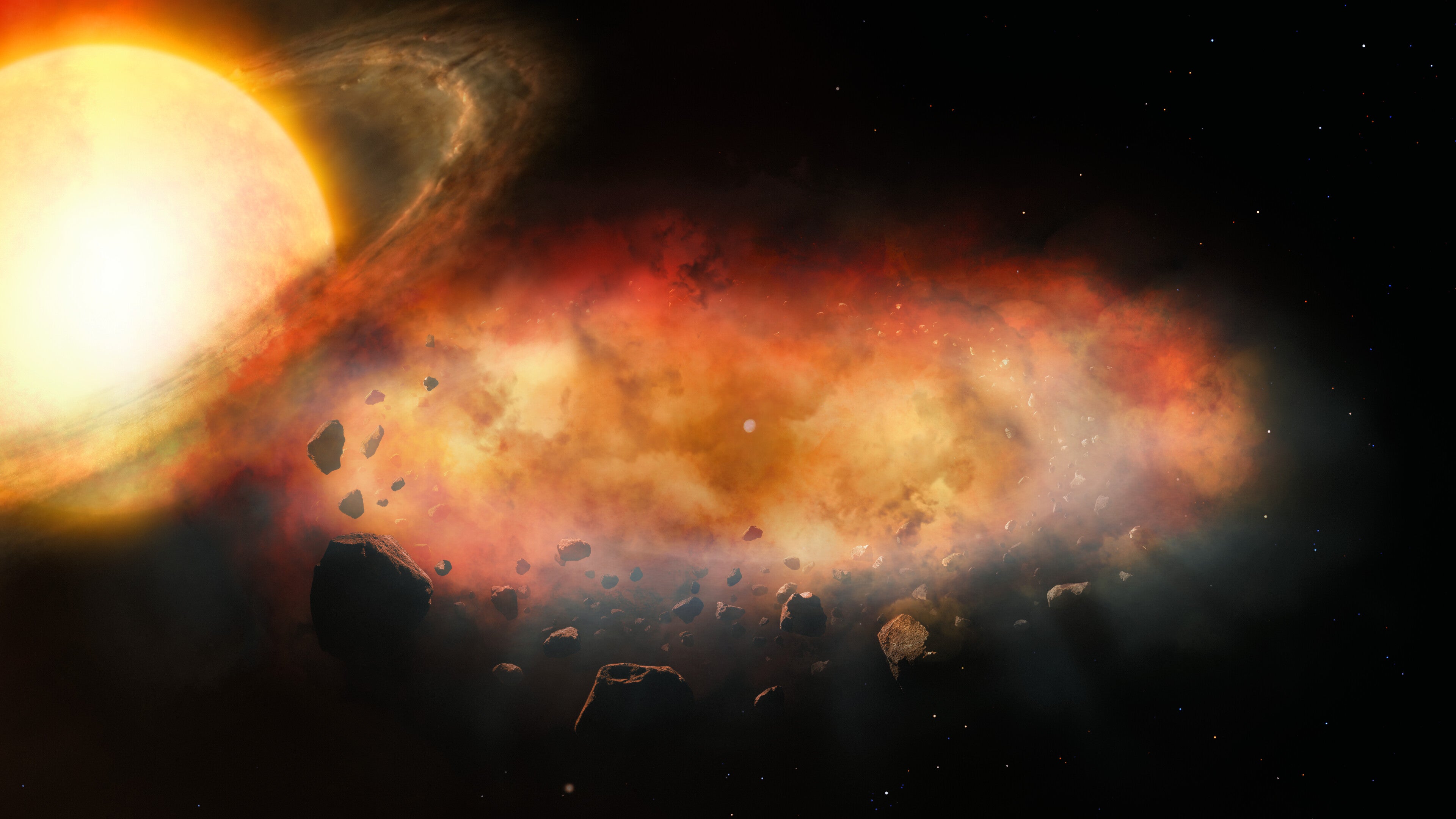 An artist’s illustration shows a large disk of planetary debris shrouded by a thick cloud of dust and gas as it passes in front of a star. Astronomers say a mystery object is surrounded by a metallic cloud like this