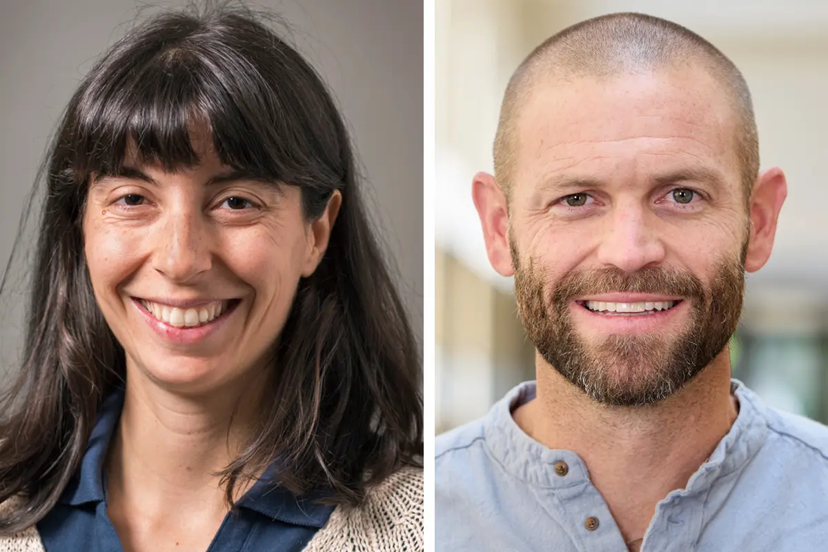 Paola Crippa, a smiling woman with dark hair and bangs, wearing a blue shirt and light cardigan, next to Drew Marcantonio, a smiling man with a shaved head and brown beard, wearing a light blue collared shirt.