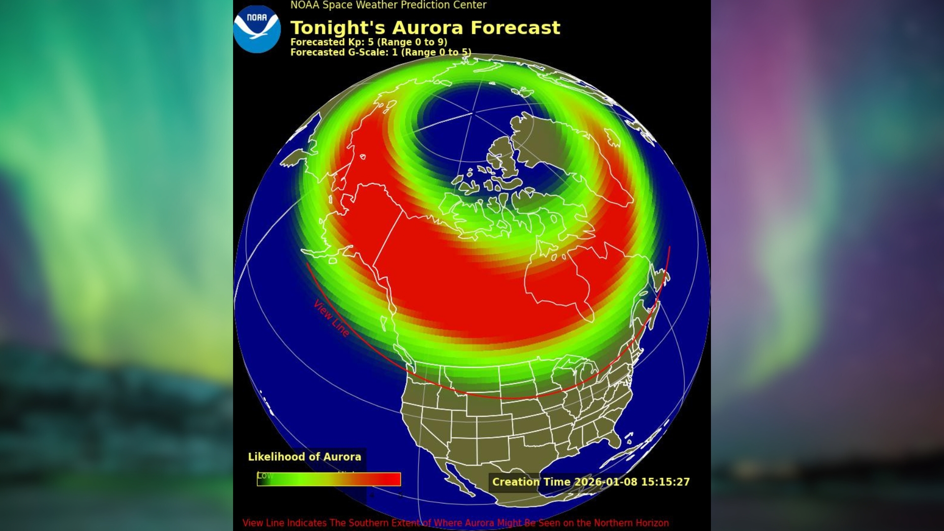 graphic showing the aurora forecast map over the US showing which states fall within the possible aurora viewline tonight.