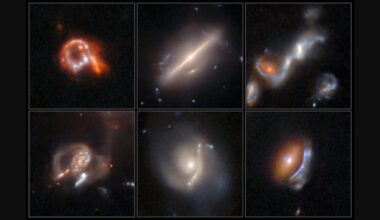 A collage of six images, showing different kinds of &ldquo;anomalous&rdquo; astrophysical objects. These are galaxies with unusual shapes, among them a ring-shaped galaxy, a bipolar galaxy, a group of merging galaxies, and three galaxies with warped arcs created by gravitational lensing.