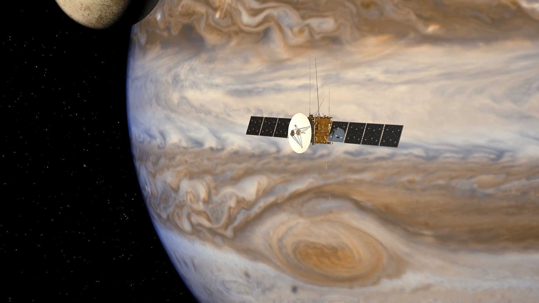 An artist's illustration of the JUpiter ICy moons Explorer spacecraft in the Jovian system. The mission will launch in 2022 and arrive at Jupiter in 2030 to study the planet and its largest moons.