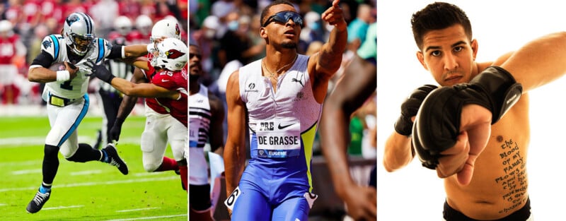 Three images side by side: a football player running as he avoids a tackle, a sprinter pointing upward after a race, and an MMA fighter in gloves posing in a fighting stance against a white background.