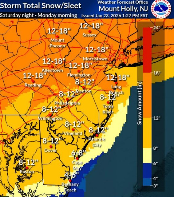 A National Weather Service forecast map shows the Philadelphia region is anticipating heavy snowfall this weekend, up to 18 inches
