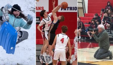 A collage of three photos: a girl sledding on snow, two basketball players jumping for the ball during a game, and a photographer kneeling on a gym floor capturing sports action.