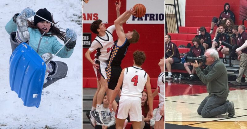 A collage of three photos: a girl sledding on snow, two basketball players jumping for the ball during a game, and a photographer kneeling on a gym floor capturing sports action.