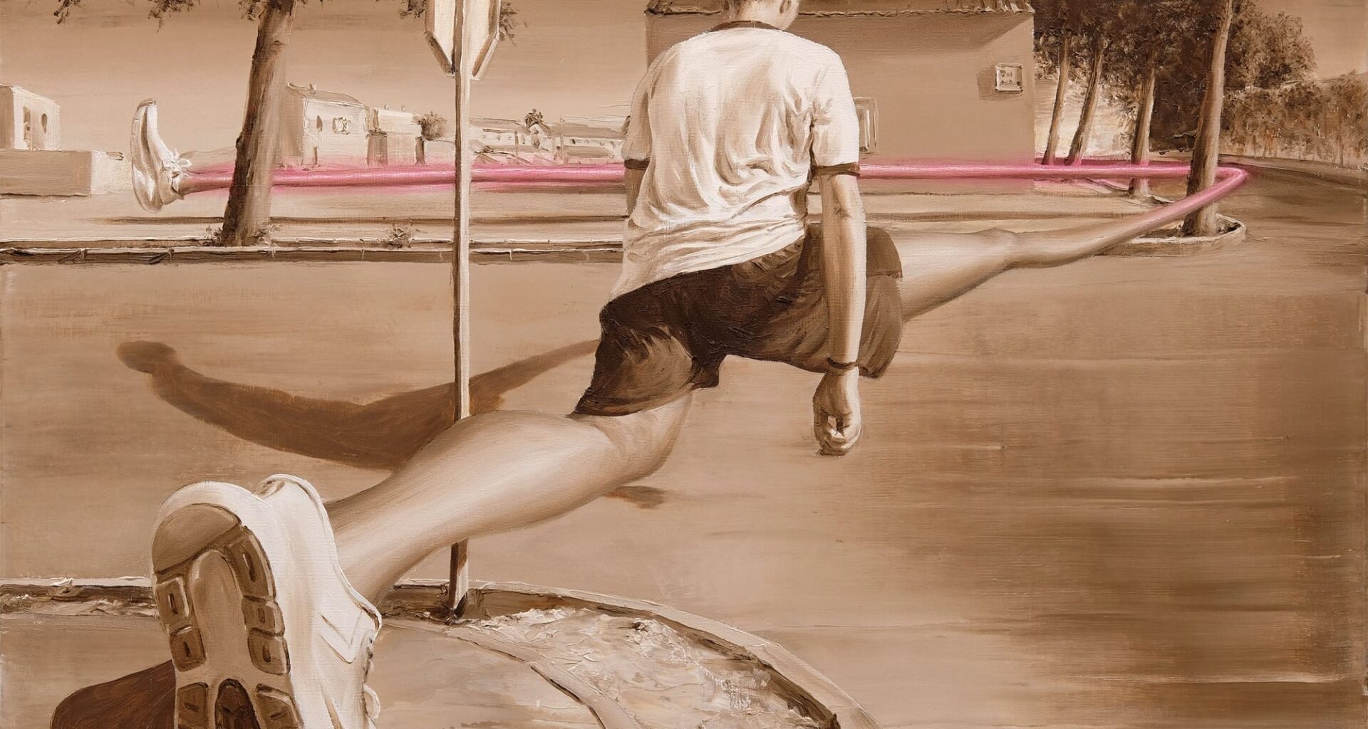 An oil painting by Paco Pomet of a young man walking across a street, with perspective exaggerated to make his back leg very large and his front leg extremely long, as it stretches around a tree across the street