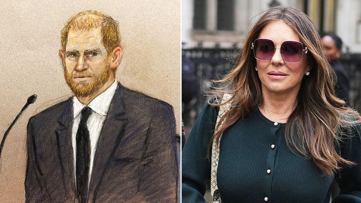 A split side-by-side image of a Prince Harry courtroom sketch and Elizabeth Hurley arriving in court.