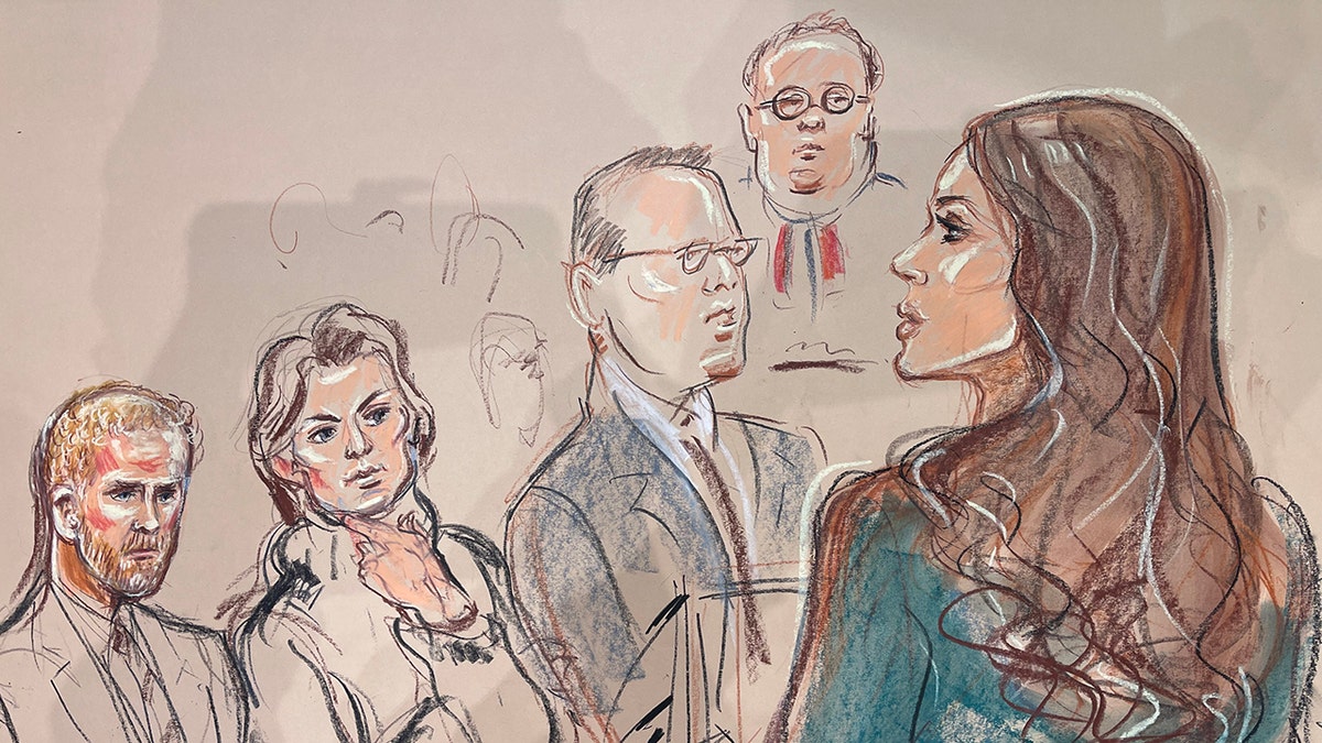 A courtroom sketch of Elizabeth Hurley testifying as Prince Harry looks on.