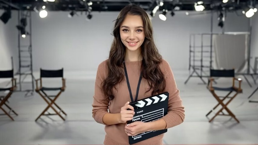 AI actress Tilly Norwood holds a movie clapperboard on a fake set.