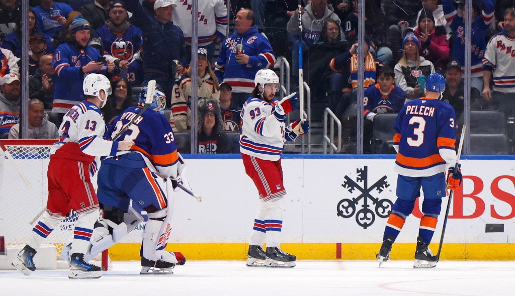 New York Rangers center Mika Zibanejad (93) reacts to his goal against the New York Islanders.