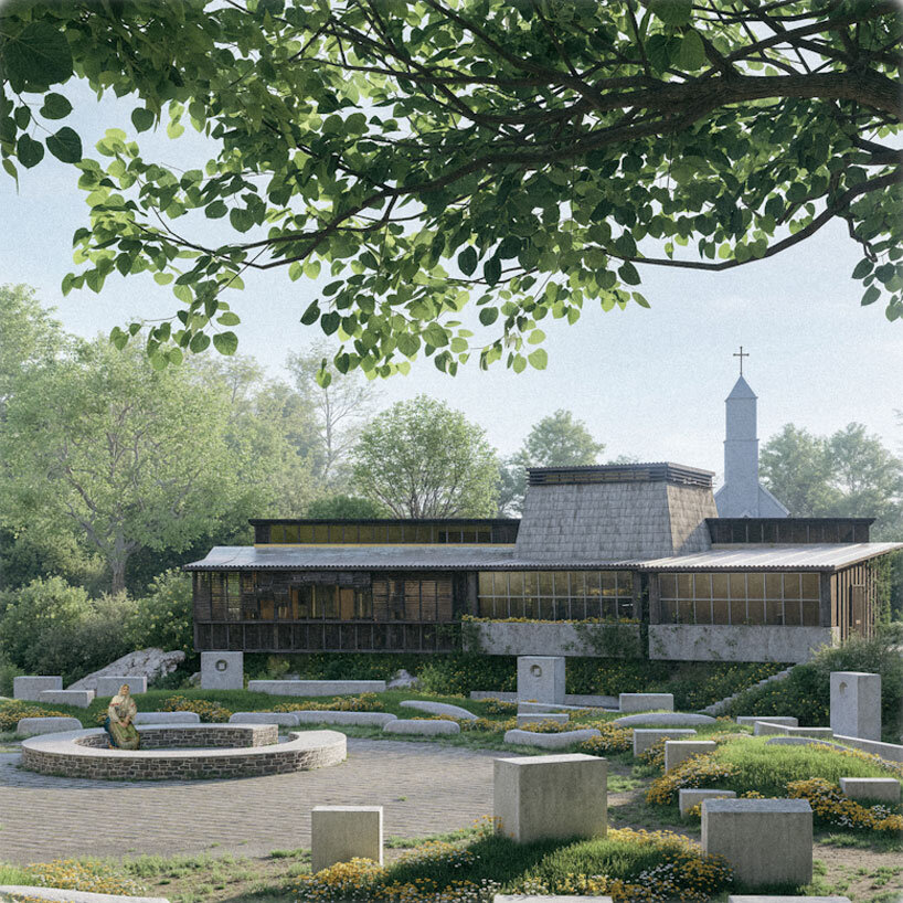 ring of concrete blocks shapes balkan cultural center proposal in rural US town