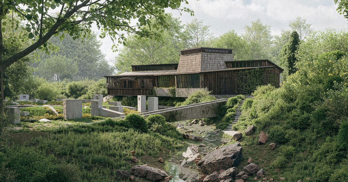 ring of concrete blocks shapes balkan cultural center proposal in rural US town