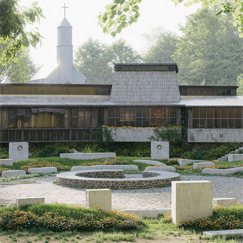 ring of concrete blocks shapes balkan cultural center proposal in rural US town
