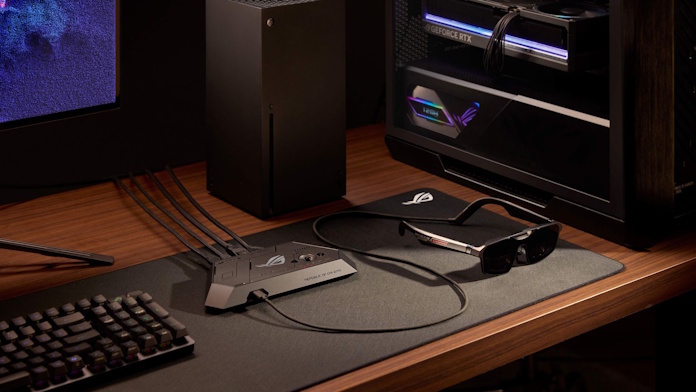 A view of the ROG Control Dock, with PC gaming gear and the ROG XREAL R1 gaming glasses connected